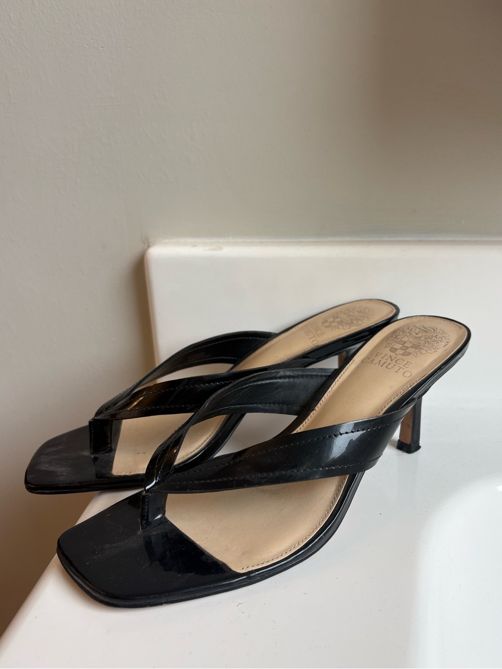 Vince Camuto Black Patent Thong Mule Heels with Square Toe